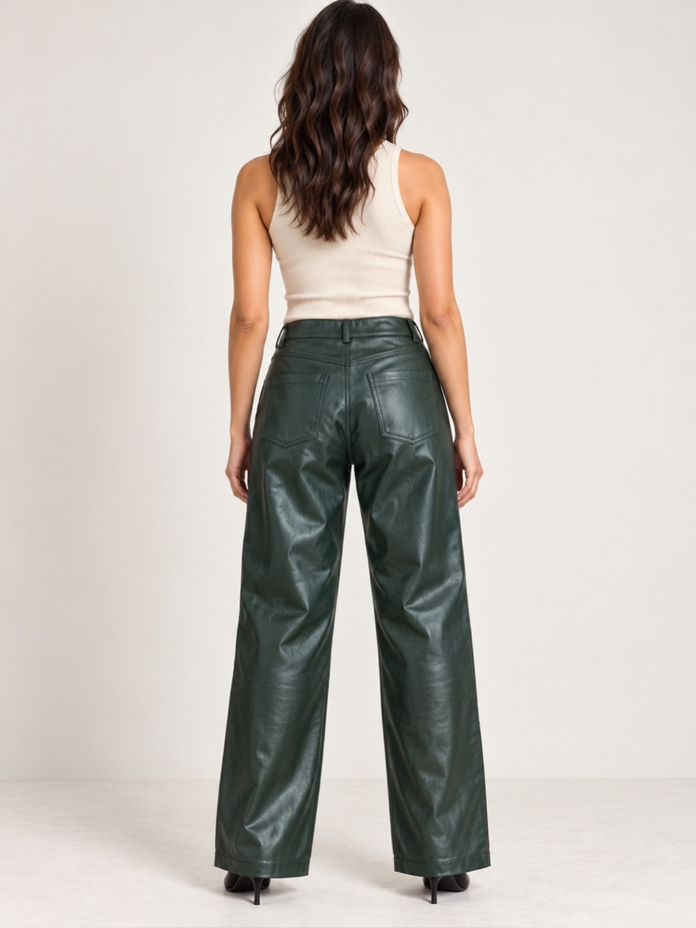 ZARA Dark Green Faux Leather High Rise Wide Leg Pants Size M - Picture 2 of 13